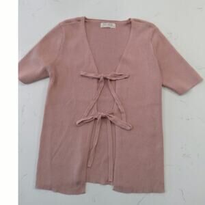 Love Always Pink Ribbed Sweater cardigan bow tie closure. CottageCore, Romantic